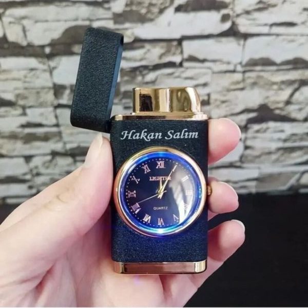 Kişiye Özel Lüks Saatli Pürmüzlü Gazlı Çakmak