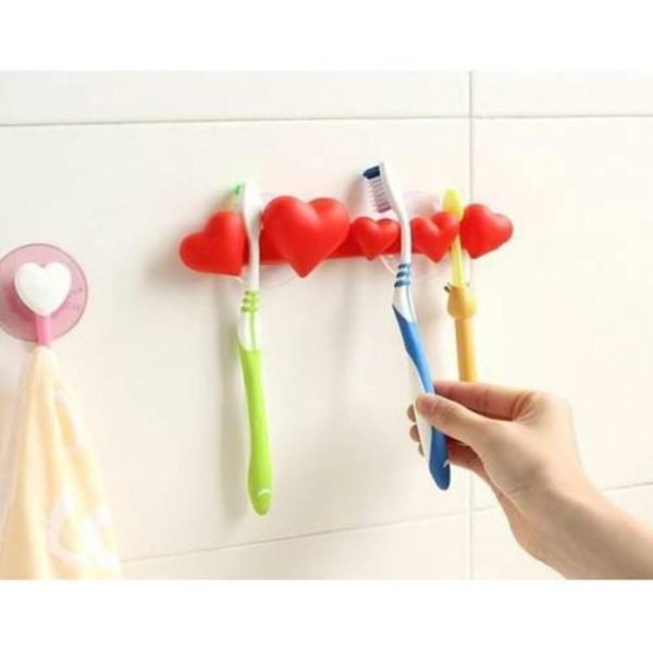 Kırmızı Vantuzlu Kalpli Diş Fırçası Askısı -banyo Dekorasyon Ürünü - Diş Fırçalık