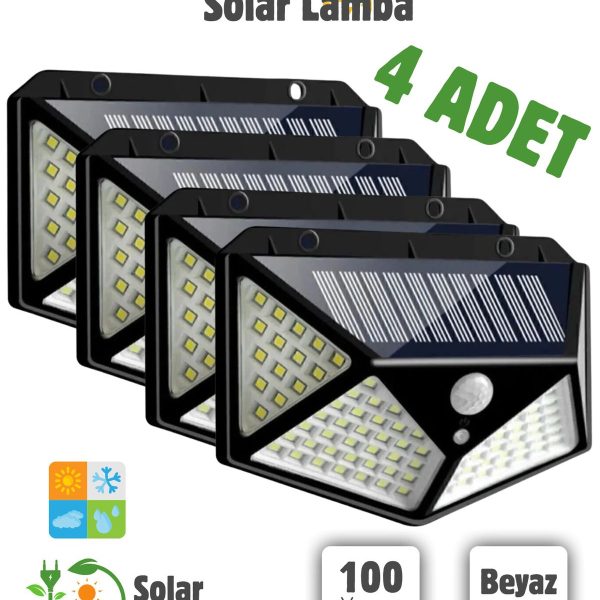 4'lü Paket 100 Led Güneş Enerjili Hareket Sensörlü 4 Taraflı Aplik Bahçe Bahçe Aydınlatma Lambası