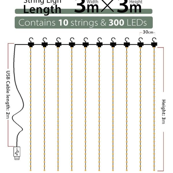 Kumandalı 8 Ayrı Moda Sahip 3mx3m ( 300 Cm X 300 Cm ) Perde Led Peri Led Usb