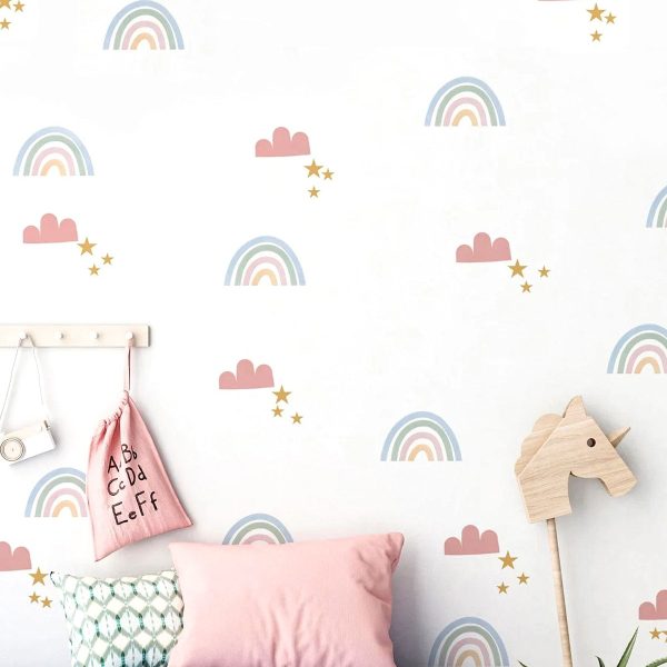 Duvar Sticker Çocuk Odası - Pembe Gökkuşağı Bulut Ve Yıldızlar Dekoratif Duvar Süsü